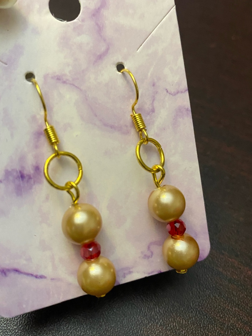 Gold Pearl Drop Earrings with Red Accent Beads